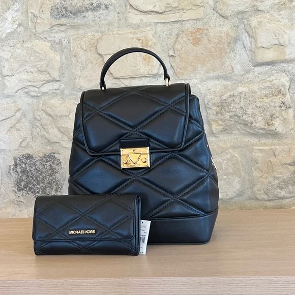 Michael Kors Serena quilted leather backpack handbag&wallet Black NWT
